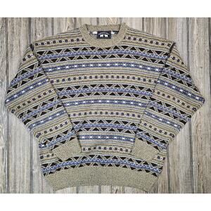 Vintage Woods & Gray Sweater Large Men’s 90s Thick Knit Stripe Pattern Argyle